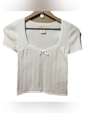 The Prairie White Coquette Cropped Knit Babydoll Top with Bow Accent Fairy Soft